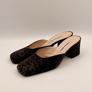 Vanessa Noel Leopard Print Block Heel Mules Square Toe Slip On EUR 38 | US 7.5-8
